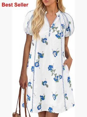 Polyester Elastane Mini Dress with Puff Sleeves and Button V-Neck